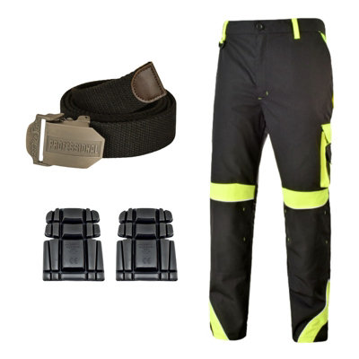 Artmas Black Hi-Vis Cargo Work Trousers Size Uk46 Reinforced Multi-Pocket With Knee Pads And Belt from B&Q