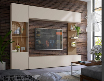  - Lazando Wall Unit Cashmere And Cremona Oak With Led Lighting And Tv Space 160 X 116 Cm