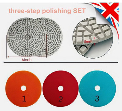  - 3-Step Wet Diamond Polishing Pad SetFor GraniteMarbleStone & Brick With M14 Plastic Backer