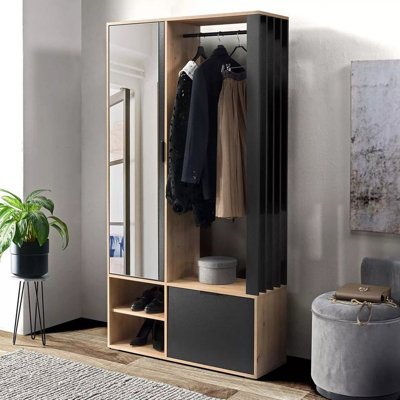 Milo J Modern Oak Hallway Unit Mirror Hanging Rail Shelves Cabinet Oak Artisan Black from B&Q