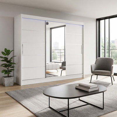Aston Vi Sliding Door Wardrobe With Mirror Hanging Rails Shelves White With Led Lights from B&Q