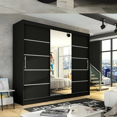 Aston Vi Sliding Door Wardrobe With Mirror Hanging Rails Shelves Black Without Led Lights from B&Q