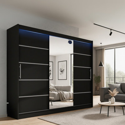 Aston Vi Sliding Door Wardrobe With Mirror Hanging Rails Shelves Black With Led Lights from B&Q