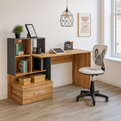 Grosso Home Office Desk With Drawer Bookcase Compact Workstation For Teen Or Small Spaces Wotan Oak Anthracite from B&Q