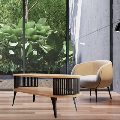  - Roenni Oval Coffee Table Modern With Open Storage Space Black With Gold Craft Oak