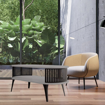  - Roenni Oval Coffee Table Modern With Open Storage Space Black With Light Graphite