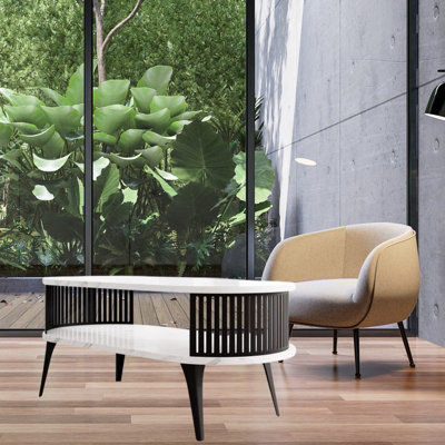  - Roenni Oval Coffee Table Modern With Open Storage Space Black With Bianco Marble