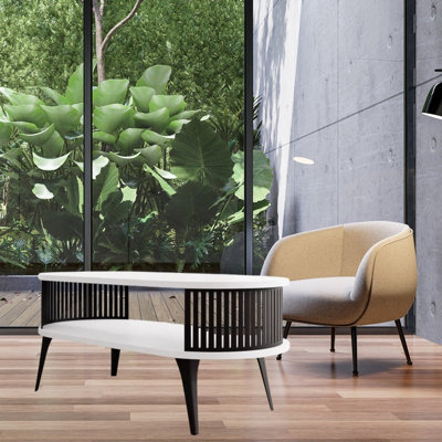  - Roenni Oval Coffee Table Modern With Open Storage Space Black With Arctic White