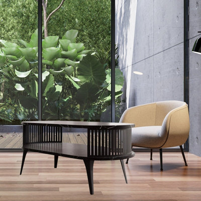  - Roenni Oval Coffee Table Modern With Open Storage Space Black With Black Pietra Grigia