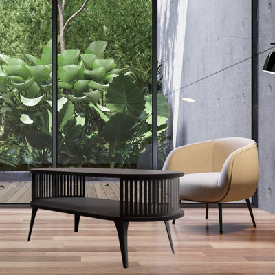  - Roenni Oval Coffee Table Modern With Open Storage Space Black With Black Knurl