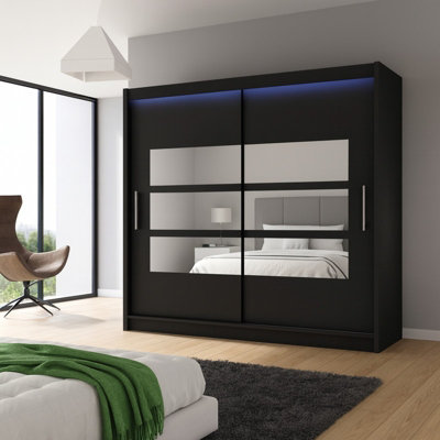 Bega Iii 180Cm Wardrobe With Hanging Rail Sliding Doors Shelves And Mirror Storage Black With Led Lights from B&Q