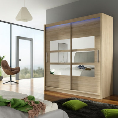 Bega Iii 180Cm Wardrobe With Hanging Rail Sliding Doors Shelves And Mirror Storage Sonoma With Led Lights from B&Q