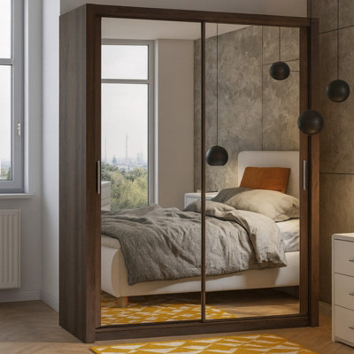 Bono Sz150 Wardrobe With Sliding Doors Mirrors Hanging Rail Shelves Modern Bedroom Storage Monastery Oak from B&Q