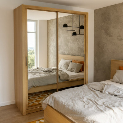Bono Sz150 Wardrobe With Sliding Doors Mirrors Hanging Rail Shelves Modern Bedroom Storage Artisan Oak from B&Q