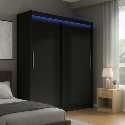 Bega I 180 Sliding Wardrobe With Hanging Rail And Shelves Black With Led Lights from B&Q
