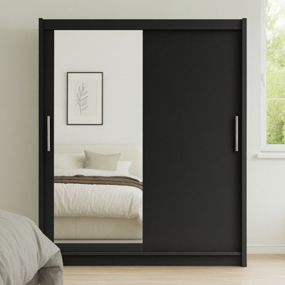 Bega Vi 180 Cm Sliding Doors Wardrobe With Mirror Hanging Rail And Shelves Black from B&Q