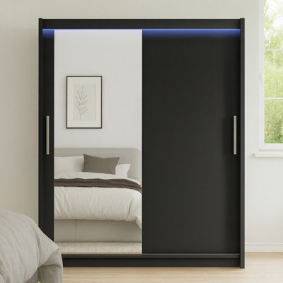 Bega Vi 180 Cm Sliding Doors Wardrobe With Mirror Hanging Rail And Shelves Black With Led Lights from B&Q