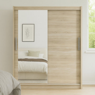 Bega Vi 180 Cm Sliding Doors Wardrobe With Mirror Hanging Rail And Shelves Sonoma from B&Q