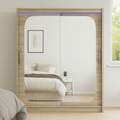 Bega Viii 180 Cm Sliding Doors Wardrobe With Hanging Rail Shelves And Mirror Sonoma With Led Lights from B&Q