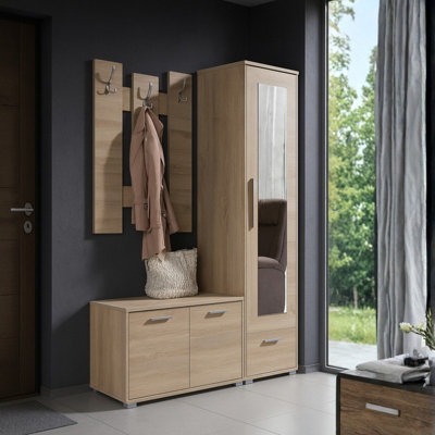 Hit Hallway Furniture Set Modern Entrance Storage With Wardrobe Shoe Cabinet Shelves And Mirror Durable Laminated Board Sonoma from B&Q