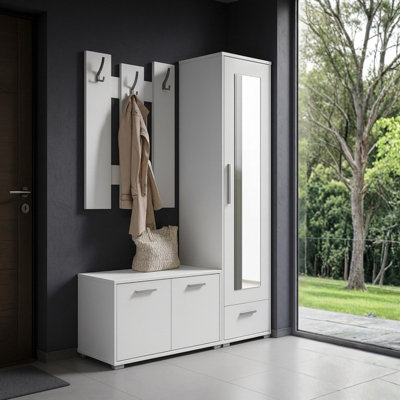 Hit Hallway Furniture Set Modern Entrance Storage With Wardrobe Shoe Cabinet Shelves And Mirror Durable Laminated Board White from B&Q