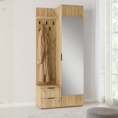 Coral Hallway Wardrobe Compact Entrance Storage With Coat Hooks Cabinet And Mirror Durable Laminated Board Golden Oak from B&Q