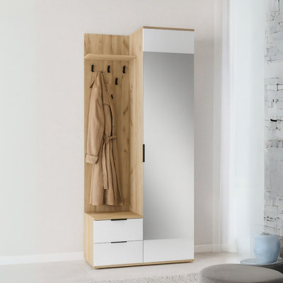Coral Hallway Wardrobe Compact Entrance Storage With Coat Hooks Cabinet And Mirror Durable Laminated Board Golden Oak White from B&Q