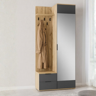 Coral Hallway Wardrobe Compact Entrance Storage With Coat Hooks Cabinet And Mirror Durable Laminated Board Golden Oak Anthracite from B&Q