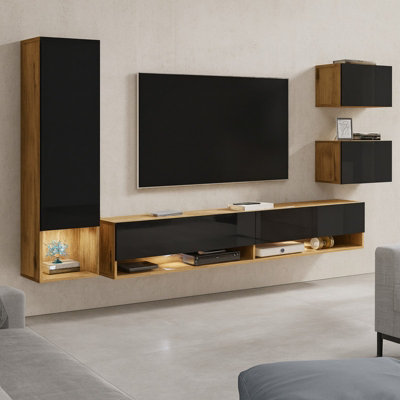 Amadeo Modern Wall Unit With Tv Cabinet And Hanging Storage Wotan Black Gloss from B&Q