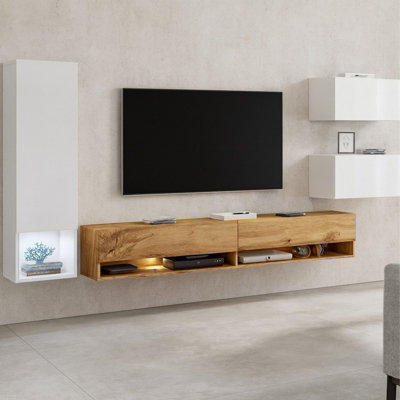 Amadeo Modern Wall Unit With Tv Cabinet And Hanging Storage White White Gloss Wotan With Led Lights from B&Q