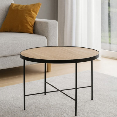  - Tre 600 Elegant 60 Na 60 Cm Coffee Table With Metal Legs Black Powder Coated Finish Natural Oak