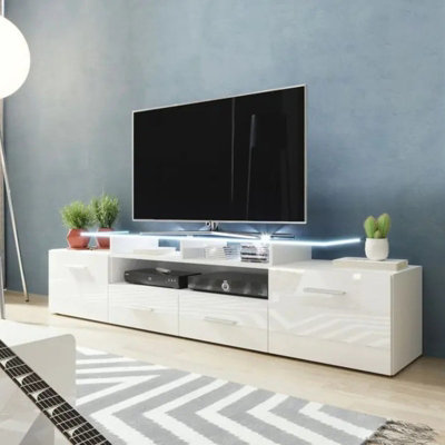  - Evora Tv Cabinet 194Cm With High Gloss Fronts Modern Media Unit  White Gloss Led