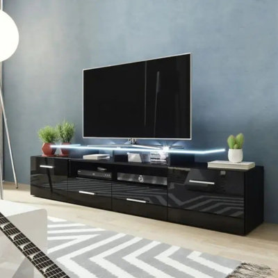  - Evora Tv Cabinet 194Cm With High Gloss Fronts Modern Media Unit  Black Gloss Led