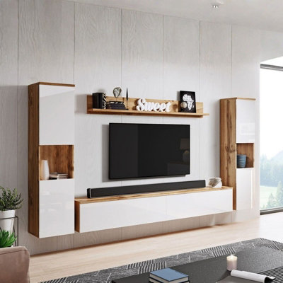 Paris Xl Living Room Wall Unit Modern Furniture Set With Tv Cabinet Shelves And Display Units Wotan White Gloss from B&Q