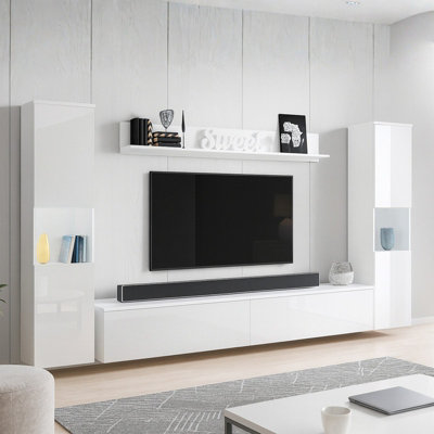 Paris Xl Living Room Wall Unit Modern Led Furniture Set With Tv Cabinet Shelves And Display Units White White Gloss from B&Q