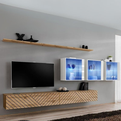 Switch Lamel Xvii Living Room Wall Unit Modern Furniture Set With Tv Cabinets Bookcases And Shelves Push To Open Wotan White Gloss