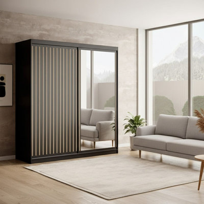 Delia 180 Sliding Wardrobe With Mirror And Slats Black from B&Q