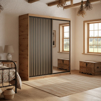 Delia 180 Sliding Wardrobe With Mirror And Slats Artisan With Black from B&Q