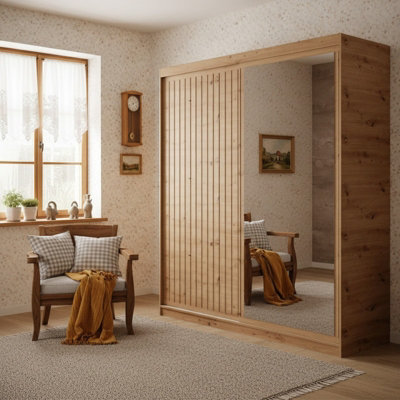 Delia 180 Sliding Wardrobe With Mirror And Slats Artisan from B&Q