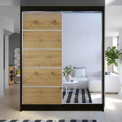 Camino 3 Sliding Wardrobe With Front Mirror And Rgb Led Lights Black Artisan Oak from B&Q