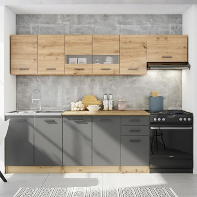  - Perla 260 Cm Kitchen Furniture Set With Worktop Artisan Oak And Dark Ash