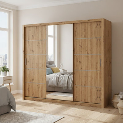 Bono Sz250 Sliding Door Wardrobe With Mirror Modern Design And Generous Storage Space Artisan Oak from B&Q