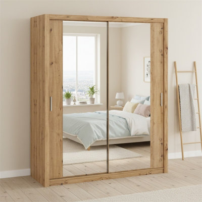 Bono Sz180 Artisan Oak Sliding Wardrobe With Mirror Space Saving Storage For Modern Bedrooms from B&Q