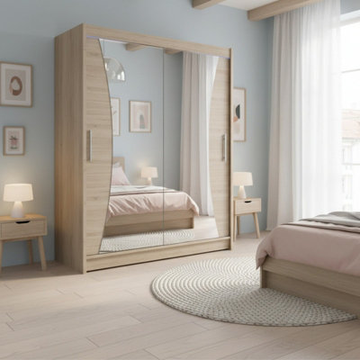 Westa Ix 150 Modern Sliding Sonoma Wardrobe With Mirrored Fronts And Practical Storage With Rgb Led Colorful from B&Q