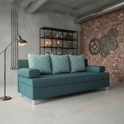 Dover Sofa Bed With Fold Out Sleeping Function Storage Upholstered Modern Design Includes Cushions Turquoise And Printed Cushions from B&Q