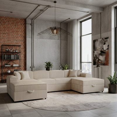 Santos U Living Room Universal Corner Sofa Bed Chipboard Polyurethane Foam Wave Springs 320X166X79Cm Beige from B&Q