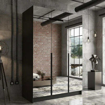 Calia Iii Sliding Wardrobe Contemporary Mirror Wood Finish Contoured Door Edge Internal Shelves Hanging Rail Black from B&Q