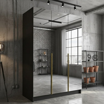 Calia Iii Sliding Wardrobe Contemporary Mirror Wood Finish Contoured Door Edge Internal Shelves Hanging Rail Black Gold from B&Q