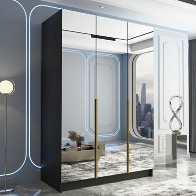 Calia Iii 150Cm Three Door Wardrobe Modern Mirror Front With Contoured Profile Shelves Hanging Rail Black Gold from B&Q