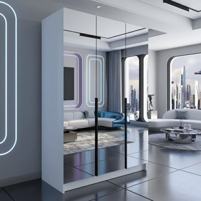 Calia Iii 150Cm Three Door Wardrobe Modern Mirror Front With Contoured Profile Shelves Hanging Rail White Black from B&Q
